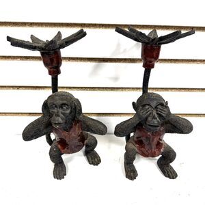 VTG Monkey Chimp Palm Tree See Hear No Evil - 2 Taper Candle Holders Sticks READ
